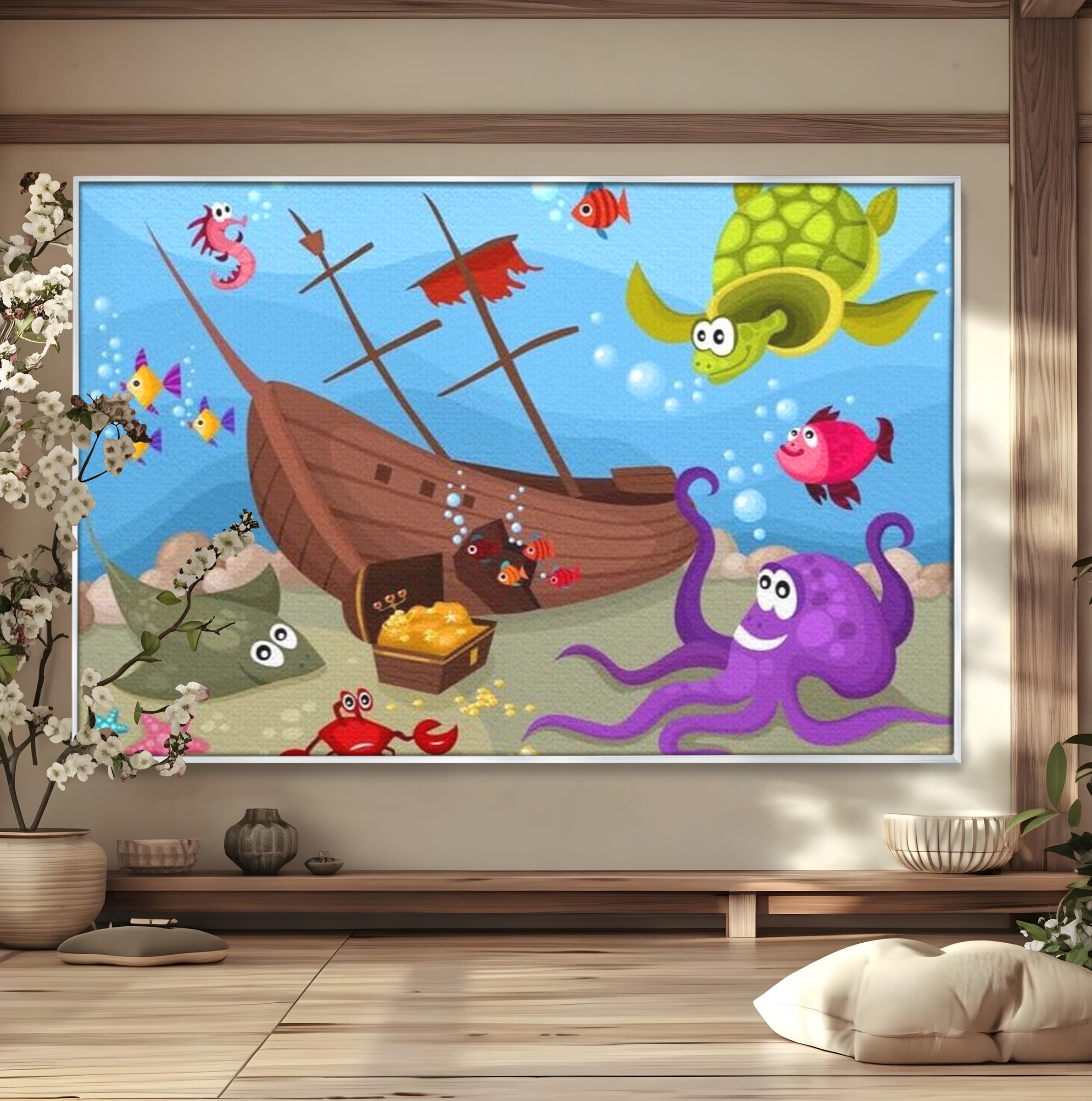 Tablou canvas cu ilustratie animata cu vietuitoare marine si epava, in rama de aluminiu argintiu